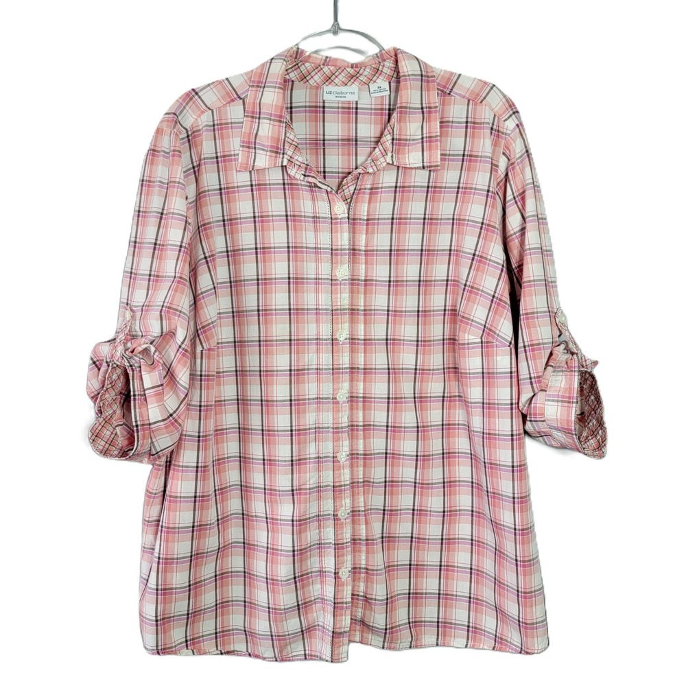 Liz Claiborne Womans Pink Plaid Top Plus Size 3X Roll Tab Sleeve Button Up Shirt
